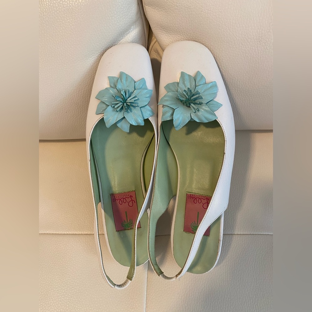 Lilly Pulitzer White Slingback Flats with Aqua Floral Accent